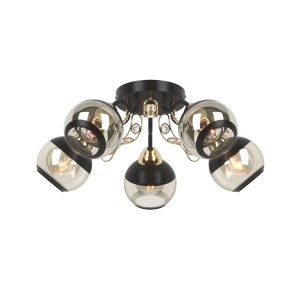 PRAIA-5 czarny mat/złoty lampa sufitowa żyrandol klosze szklane + kryształki 5xE27 Ø51cm ↕20cm