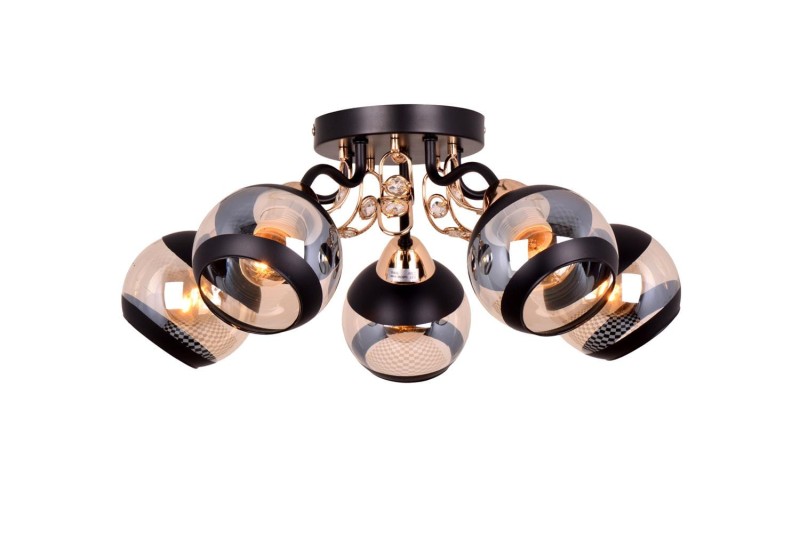 PRAIA-5 czarny mat/złoty lampa sufitowa żyrandol klosze szklane + kryształki 5xE27 Ø51cm ↕20cm hurt