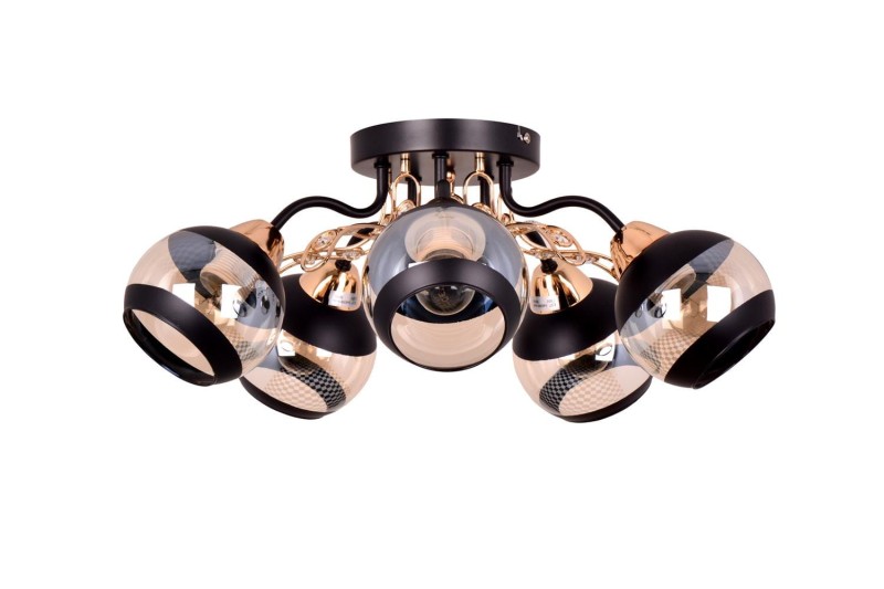 PRAIA-5 czarny mat/złoty lampa sufitowa żyrandol klosze szklane + kryształki 5xE27 Ø51cm ↕20cm hurt