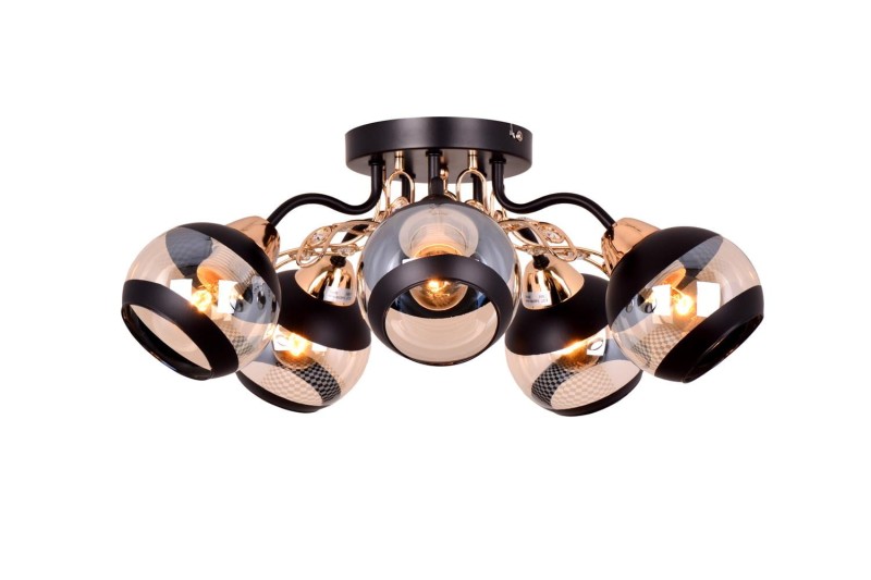 PRAIA-5 czarny mat/złoty lampa sufitowa żyrandol klosze szklane + kryształki 5xE27 Ø51cm ↕20cm hurt