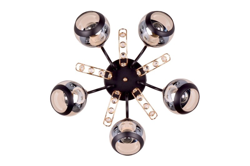 PRAIA-5 czarny mat/złoty lampa sufitowa żyrandol klosze szklane + kryształki 5xE27 Ø51cm ↕20cm hurt