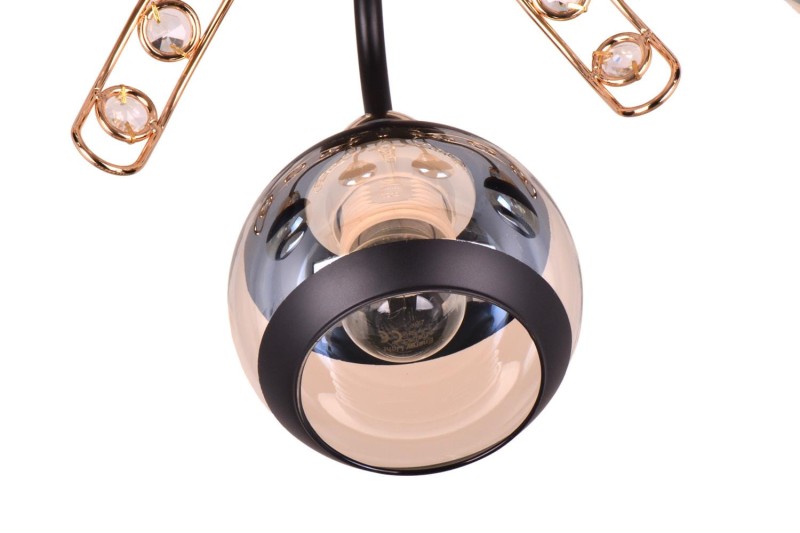PRAIA-5 czarny mat/złoty lampa sufitowa żyrandol klosze szklane + kryształki 5xE27 Ø51cm ↕20cm hurt