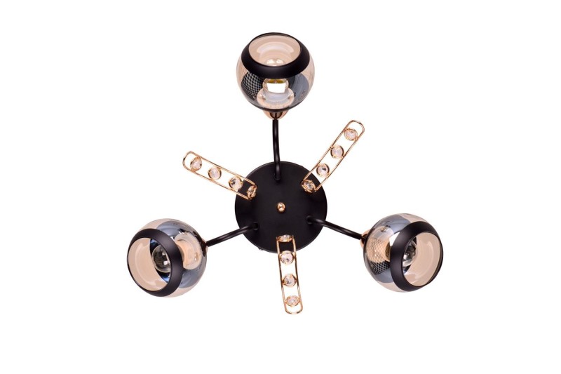 PRAIA-3 czarny mat/złoty lampa sufitowa żyrandol klosz szklany + kryształki 3xE27 Ø51cm ↕20cm hurt