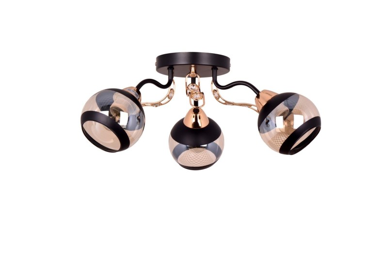 PRAIA-3 czarny mat/złoty lampa sufitowa żyrandol klosz szklany + kryształki 3xE27 Ø51cm ↕20cm hurt