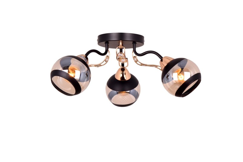 PRAIA-3 czarny mat/złoty lampa sufitowa żyrandol klosz szklany + kryształki 3xE27 Ø51cm ↕20cm hurt