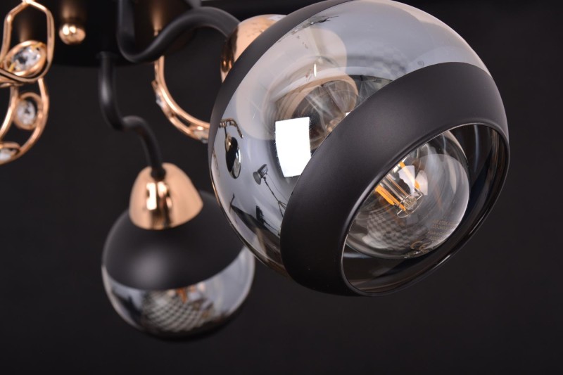 PRAIA-3 czarny mat/złoty lampa sufitowa żyrandol klosz szklany + kryształki 3xE27 Ø51cm ↕20cm hurt