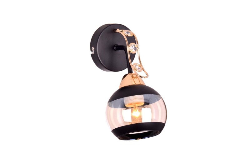 PRAIA-1 czarny mat/złoty lampa sufitowa żyrandol klosz szklany + kryształki 1xE27  ↔16,5cm ↕23,5cm hurt