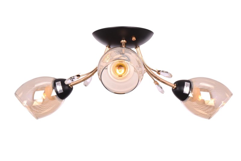 FEIRA-3 czarny mat/złoty lampa sufitowa żyrandol klosze szklane dymione + kryształki 3xE27 Ø60cm ↕19cm hurt