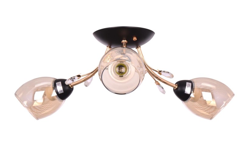 FEIRA-3 czarny mat/złoty lampa sufitowa żyrandol klosze szklane dymione + kryształki 3xE27 Ø60cm ↕19cm hurt