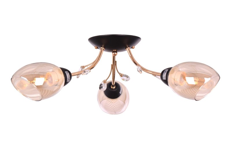 FEIRA-3 czarny mat/złoty lampa sufitowa żyrandol klosze szklane dymione + kryształki 3xE27 Ø60cm ↕19cm hurt