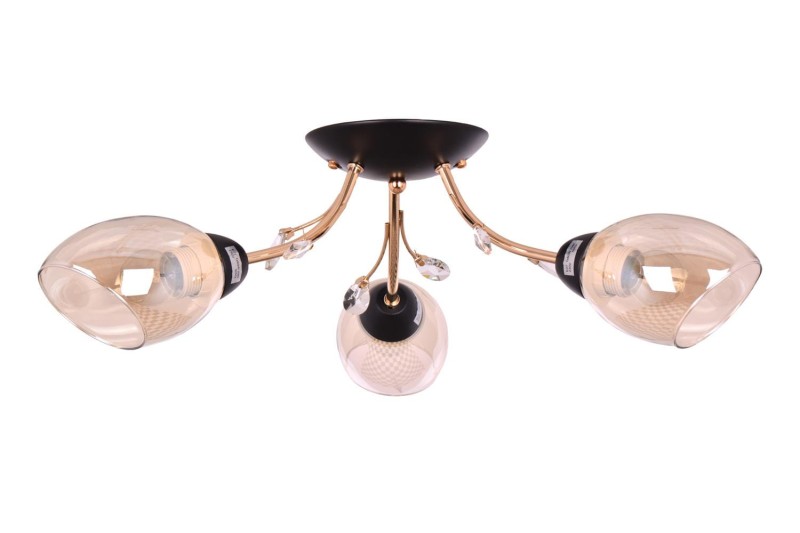 FEIRA-3 czarny mat/złoty lampa sufitowa żyrandol klosze szklane dymione + kryształki 3xE27 Ø60cm ↕19cm hurt