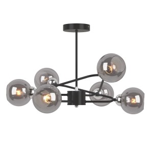 ALDO-6 czarny mat+chrom lampa sufitowa żyrandol klosze kule szklane dymione styl loft industrial 6xE27 60W hurt