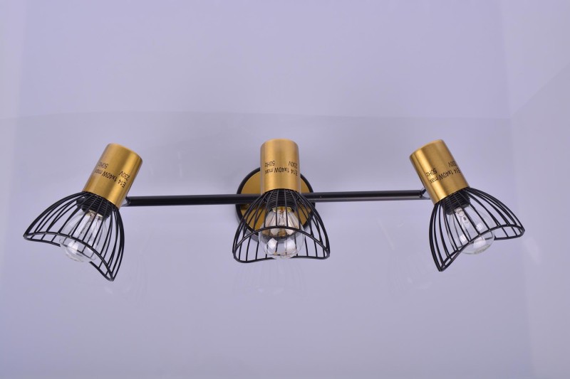 BOHO-3 BK/GD czarny/złoty lampa ścienna kinkiet spot potrójny klosze "druciaki" ruchome styl loft 3xE14  ↔47cm ↕14cm hurt