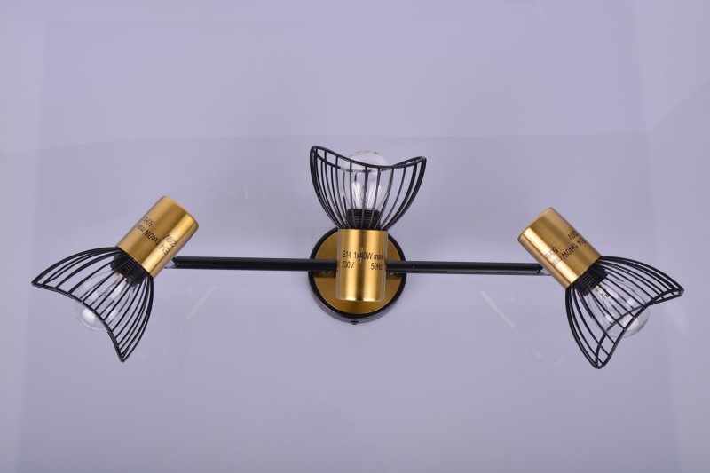 BOHO-3 BK/GD czarny/złoty lampa ścienna kinkiet spot potrójny klosze "druciaki" ruchome styl loft 3xE14  ↔47cm ↕14cm hurt