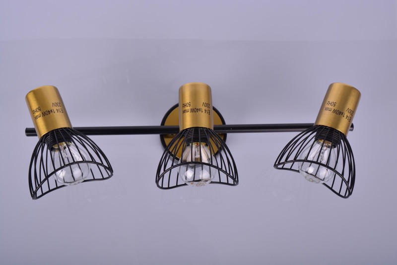 BOHO-3 BK/GD czarny/złoty lampa ścienna kinkiet spot potrójny klosze "druciaki" ruchome styl loft 3xE14  ↔47cm ↕14cm hurt