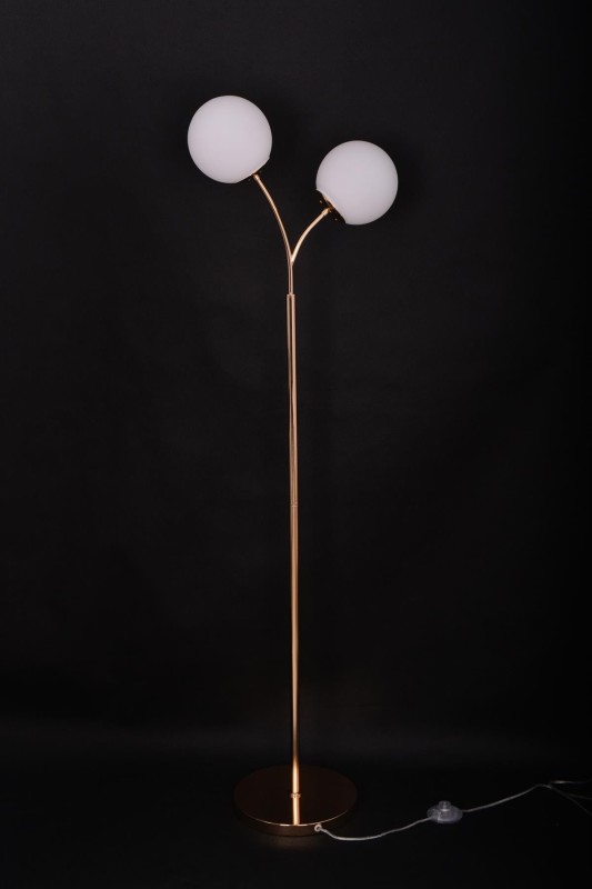 LIXA-2F XL FGD+WH  nowoczesna lampa podłogowa złoty klosze kule białe mleczne 2xE27 ↔ 40cm  ↕ 139cm  hurt 