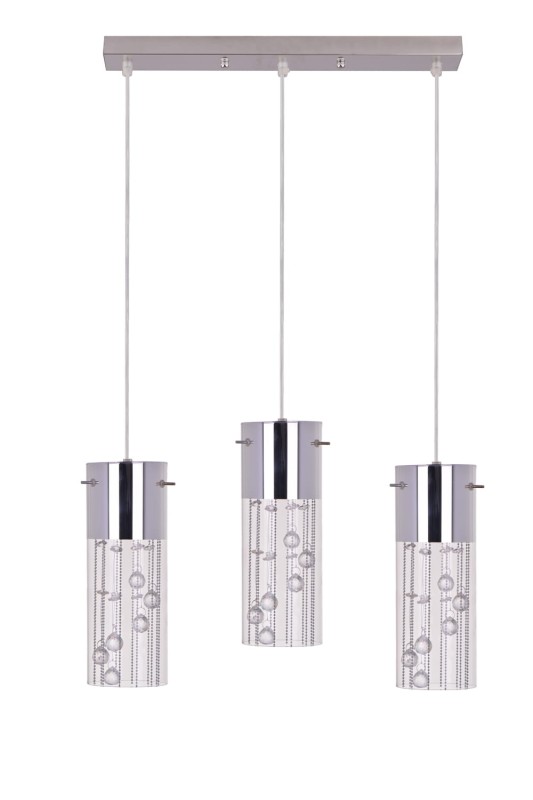 FINEZJA-3 chrom stylowa elegancja lampa wisząca potrójna klosz szkło + kryształki regulacja wysokości nad wyspę lub blat ↔47cm ↕140cm 3xE27 hurt